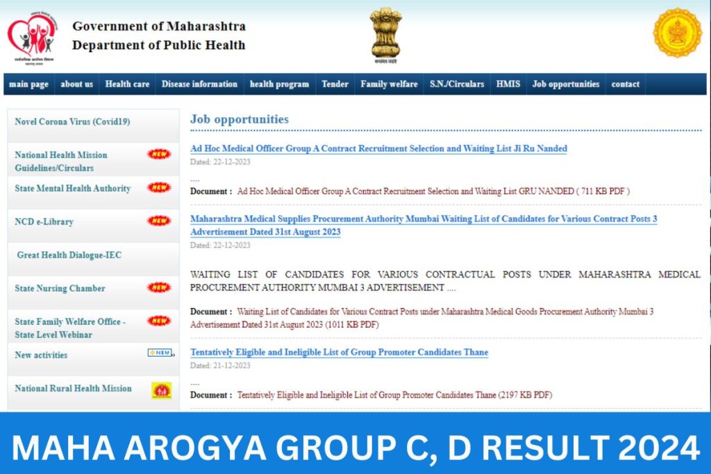 Maharashtra Arogya Vibhag Group C & D Result 2024 - Cut Off Marks & Merit List